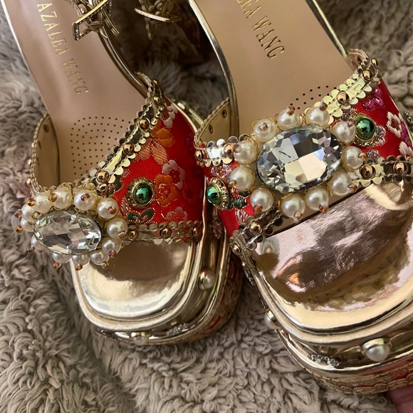 New Azalea Wang Party Peep Platform Heels Embellished Satin Victorian Ankle 6 - Picture 6 of 12